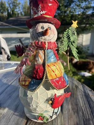 Домашний интерьер праздничный металлический мозаичный подсвечник снеговик и кардинал высота 12 дюймов - Изображение 1 из 4