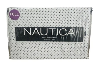 NEW! Nautica 4 pc Full Sheet Set White With Navy Blue Anchors Nautical Coastal - Image 1 of 4