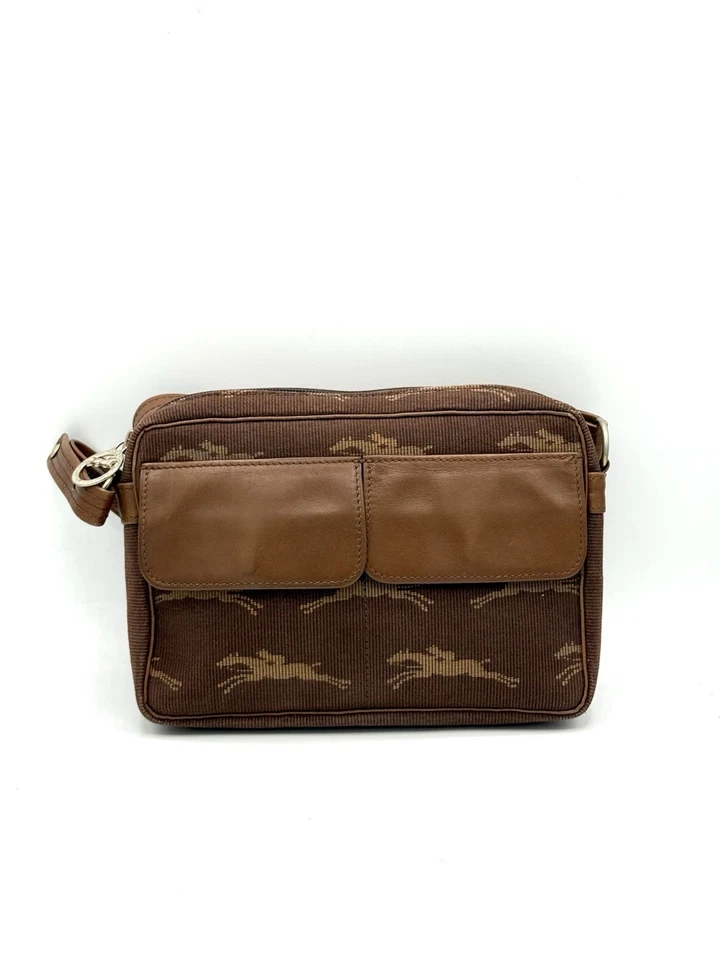 Bolso de hombro Longchamp vintage marrón pana y cuero — años 70 — logotipo de jockey Foto 1 de 4