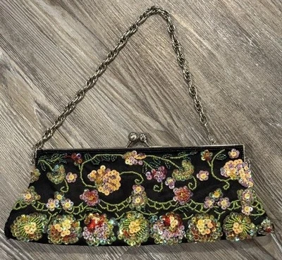 VTG Max Mayer Women’s Black Satin Multicolored Beads/Sequins Kiss Closure Purse - Image 1 of 4