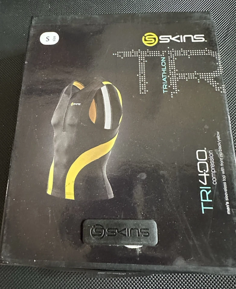 Top de ciclismo Skins Tri 400 de compresión, sin mangas para hombre, negro/amarillo/blanco, pequeño Foto 1 de 2