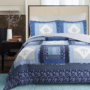 Juego de edredones de 3 piezas Moyle Blue Real Patchwork 100 % algodón, colcha, funda - Imagen 1 de 5
