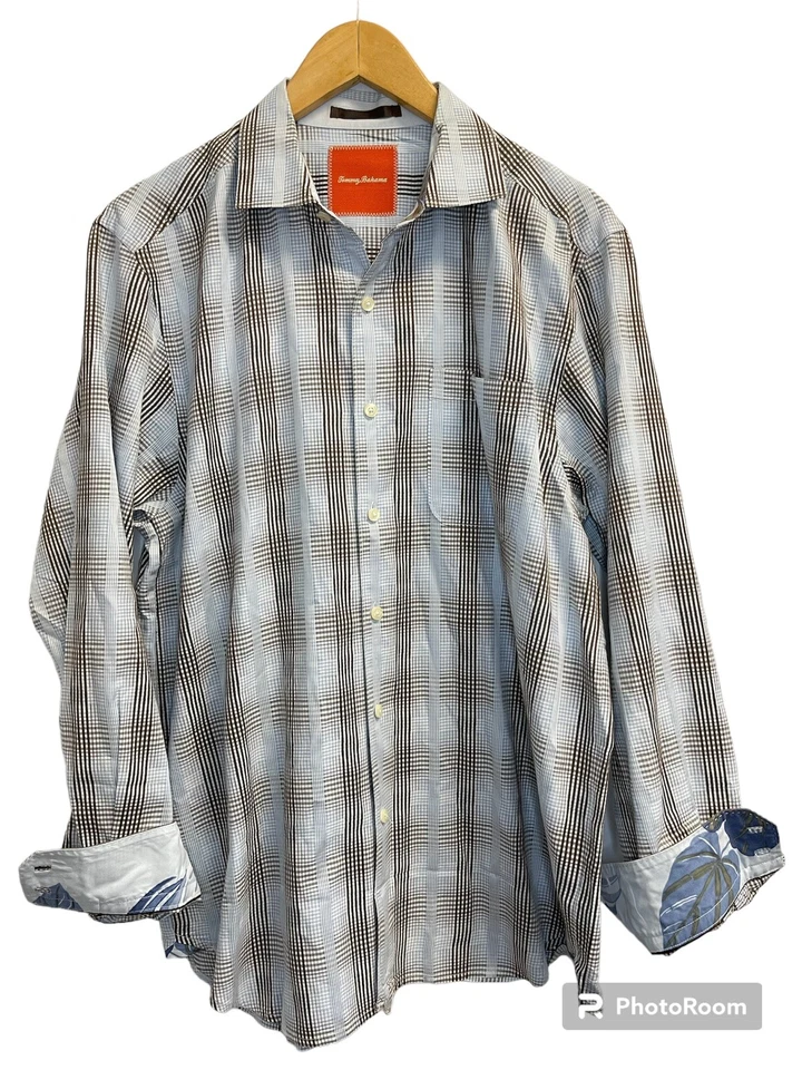 Tommy Bahama Men’s M Plaid Shirt Flip Cuff Long Sleeve Cotton Blue Brown - Image 1 of 4