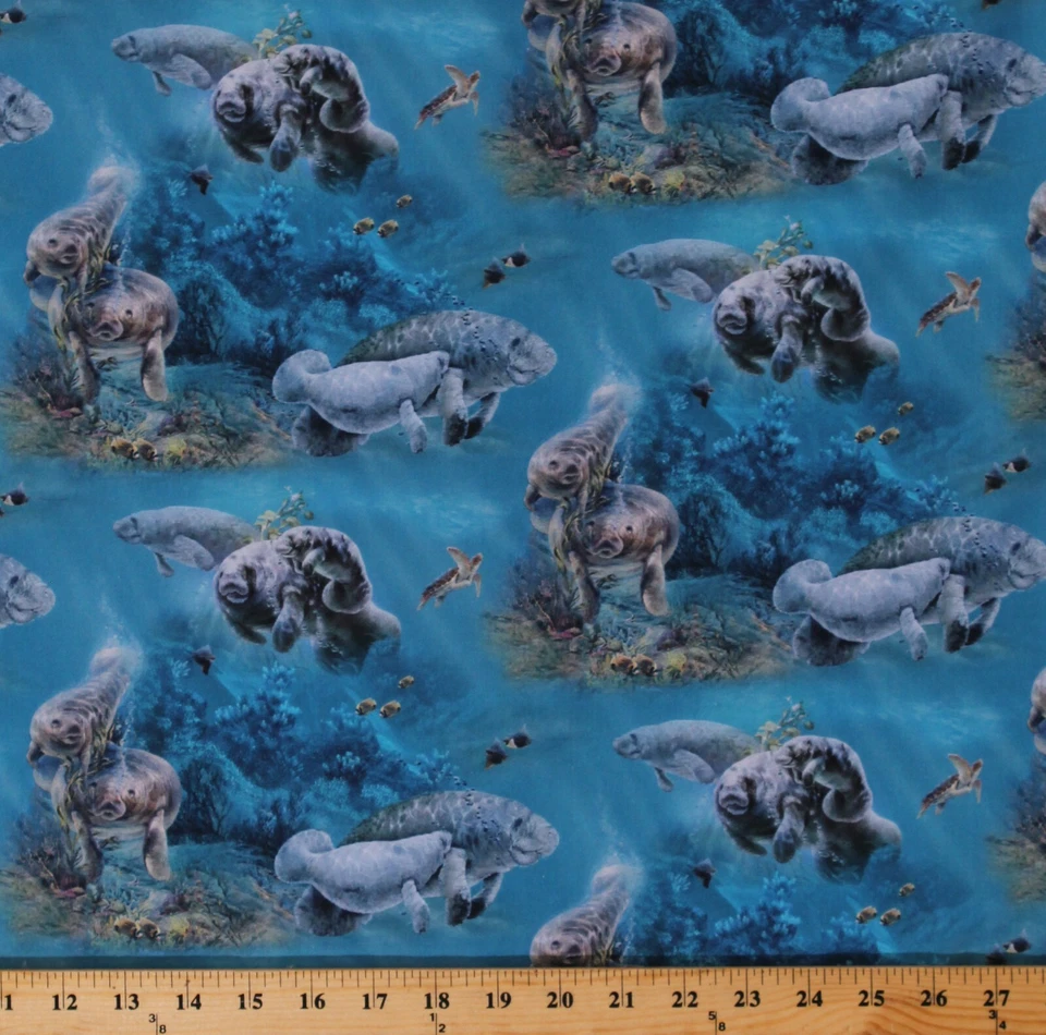 Cotton Manatees Sea Turtles Fish Animals Gentle Giants Fabric Print BTY D683.64 - Image 1 of 1