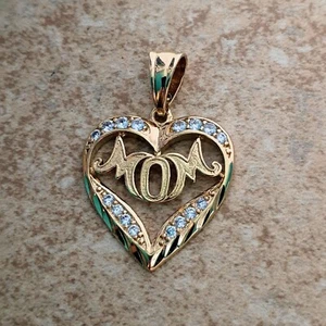 Mom Heart Pendant w/ multiple CZ's 24k Gold Plated Large Bale - Picture 1 of 4