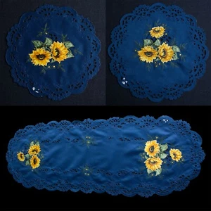 Bordado, mantel, corredor de mesa, mantel central mantel girasol azul oscuro - Imagen 1 de 7