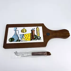 VINTAGE JAPAN MCM WOOD & TILE CHEESE CUTTING BOARD W.KNIFE-HOUSEWARES-70'S - Picture 1 of 10