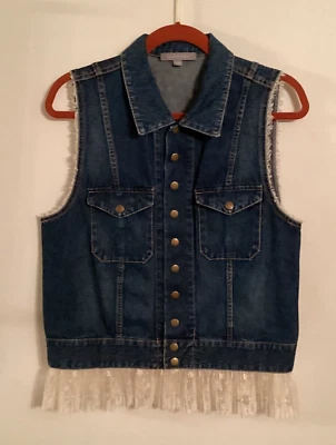 NY Collection Cropped Frayed Sleeveless Blue Denim Vest with Lace Trim SZ L - Image 1 of 4