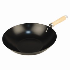 PADELLA WOK MANICO IN LEGNO 30cm ANTIADERENTE ANTIGRAFFIO ACCAIO AL CARBONIO