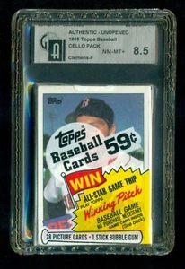 1985 paquete de violonchelo Topps sin abrir con Roger Clemens a radiocontrol mostrando en la parte superior - GAI 8,5 - Imagen 1 de 2