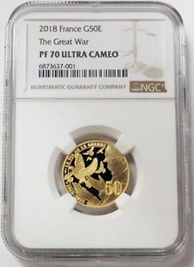 2018 GOLD FRANCE THE GREAT WAR 50 EURO COIN NGC PF 70 ULTRA CAMEO TOP POP - Picture 1 of 2