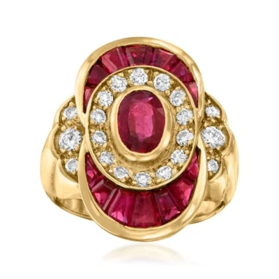 Anel de coquetel folheado a ouro amarelo 14k corte oval simulado rubi vermelho/diamante 3 quilates - Imagem 1 de 4