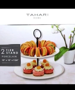 Tahari 2 Tier Porcelain Stand 10" for Dessert or Fruit on Kitchen Counter White - Picture 1 of 6