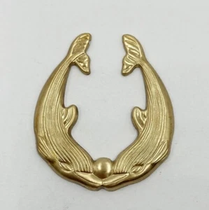 4 VINTAGE BRASS KISSING DOLPHIN WHALES HOOP STAMPED 41mm. USA MADE FINDINGS 1642 - Picture 1 of 9