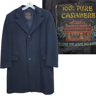 Abrigo Top Coche Vintage 100% Cachemira Pura Para Hombre 44" Pecho Grande Largo Forrado Negro Foto 1 de 4