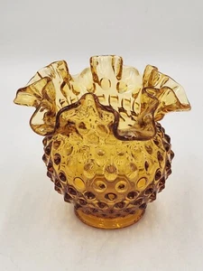 Vintage Fenton Amber Hobnail Ruffled Rim Art Glass Rose Bowl Dish - Picture 1 of 12