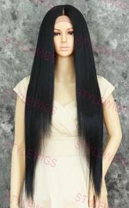 Peluca negra extra larga recta segura para el calor frente mezcla cabello humano EVEB 1B - Imagen 1 de 8