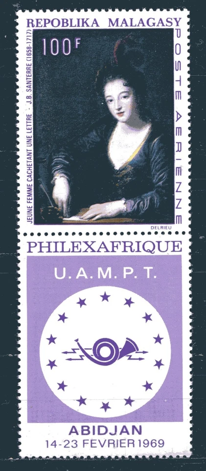 MADAGASCAR 1968, ARTE: "MUJER JOVEN", PINTURA DE SANTERRE, Scott C91, MNH Foto 1 de 1