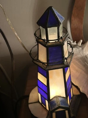Stained Glass Lighthouse Lamp Cobalt Blue & White Tiffany-Style 9.5" X 5" - Image 1 of 4