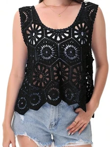 Women's Crochet Knit Tank Top With Hollow Flower Sleeveless Boho Lace Cover Up - Picture 1 of 32