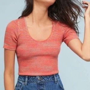 NEW ANTHROPOLOGIE MOTH SHORT SLEEVE RIBBED STRETCH SCOOP NECK COLORFUL SWEATER M - Picture 1 of 12