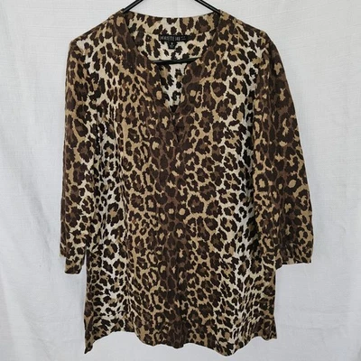 Lafayette 148 New York Leopard Print Blouse 100% Linen Long Sleeve Tunic Size 10 - Image 1 of 4