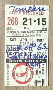 Cojín de asiento firmado por Tom Herr Walk-Off Grand Slam talón de boleto Cardenales 18/04/87 - Imagen 1 de 5