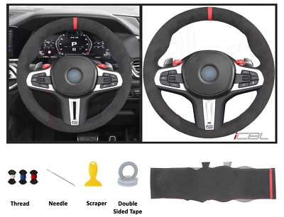 Black Alcantara Hand-stitched Suede Steering Wheel Cover For BMW G20 G80 m340i  - Image 1 of 4