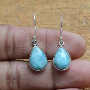 Natural Larimar Gemstone Earring's 925 Sterling Silver Handmade Jewelry Earring - Picture 1 of 4