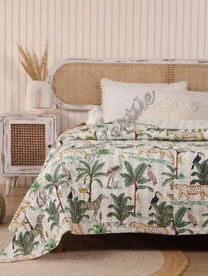 Reversible Kantha Quilt Queen Size Indian Bedspread 100% Cotton Bed Cover Gift - Image 1 of 4