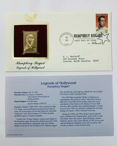 Humphrey Bogart Legends of Hollywood First Day Issue 22 kt Gold Replica Stamp Cover