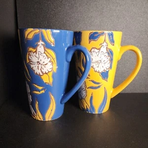 Spectrum Set of 2 Blue Yellow White Flower Floral Coffee Mugs - Picture 1 of 15