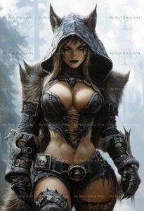 EPIC WOLF WOMAN ART PRINT, Fierce Female Wall Decor, Sexy Lady Cat Forest Poster - Picture 1 of 2