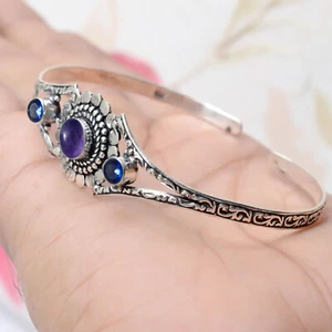 Amethyst & Tanzanite Gemstone Bangle 925 Sterling Silver Flower Design Bracelet - Picture 1 of 7