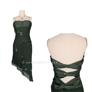 Vintage Scala Prom Dress Midi Gown XL Green Silk Fairy Y2K Floral Bead Satin - Picture 1 of 12