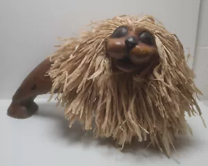 Pier 1 Carved Wood Lion With Straw Mane ~ 18" X 11" ~ Made In India - Picture 1 of 3