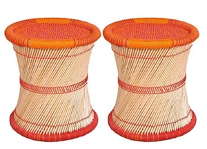 14" Inches Eco-Friendly FootStool/Muddha  For Meditation 2 Pieces in Red-Orange - Picture 1 of 2