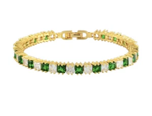 Yellow gold Finish Green Emerald & created diamond Princess Cut tennis bracelet - Picture 1 of 9