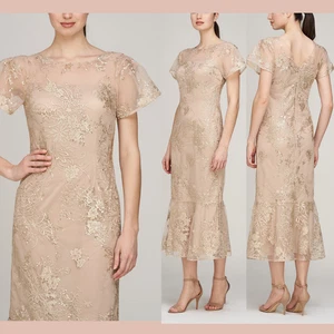 NWT JS Collections [ 10 ] Lia Short Sleeve Mermaid Midi Dress Gold Beige Q1244 - Picture 1 of 13