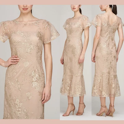 NWT JS Collections [ 10 ] Lia Short Sleeve Mermaid Midi Dress Gold Beige Q1244 - Image 1 of 4