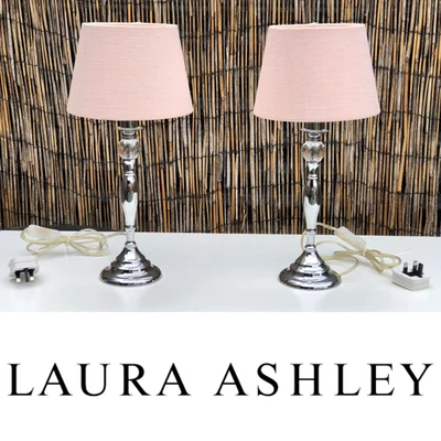 Laura Ashley Mirrored SILVER, CRYSTAL Bedside Lamps DUSKY PINK Shades 17.3" Tall - Image 1 of 4