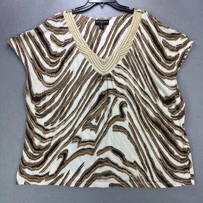 Dana Buchman Top Women's 3X Animal Print White Brown Sequins Dressy Tee Shirt - Image 1 of 4