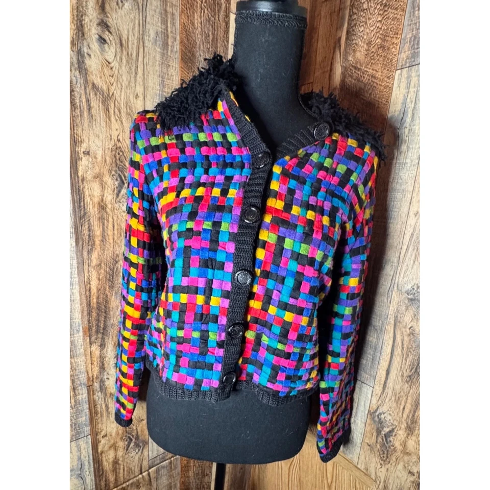 Michael Simon New York Colorful Woven Knit Cardigan Jacket Novelty - Image 1 of 4