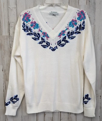 复古 Izod Club 毛衣女式 S 花卉手工刺绣 V 领高尔夫 Cottagecore — 第 1/4 张图片