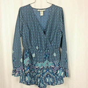 American Rag Romper Short Blue Paisley Long Bell Sleeves Size M BOHO Festival - Picture 1 of 9