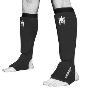 MEISTER ELASTIC CLOTH SHIN & INSTEP GUARDS - BK Muay Thai MMA Taekwondo Leg Pads - Picture 1 of 3