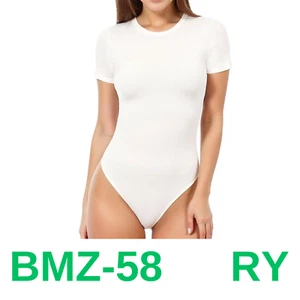 MANGOPOP Women's Round Neck Short Sleeve T Shirts Basic Bodysuits White, Small - Picture 1 of 4