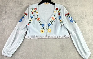 Besticktes Blumen M L blau Crop Top Bluse Rüschen Landhaus Boho Chloe Laetitia - Bild 1 von 14