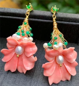 Coral Pink Lily White Freshwater Pearl 925 Silver Zircon Stud Earrings - Picture 1 of 2