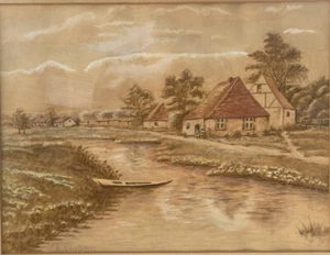 19th Century Austrian Landscape Watercolor Painting River Scene by R. Neuber - Picture 1 of 7
